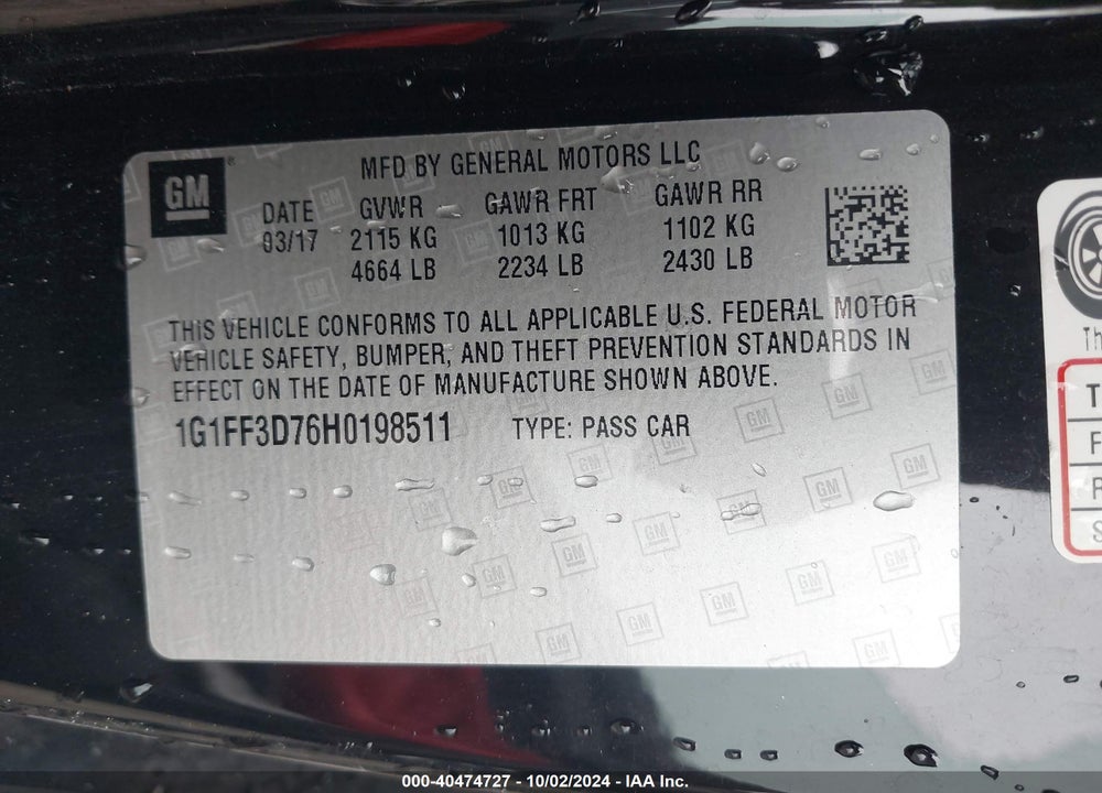 2017 CHEVROLET CAMARO VIN: 1G1FF3D76H0198511