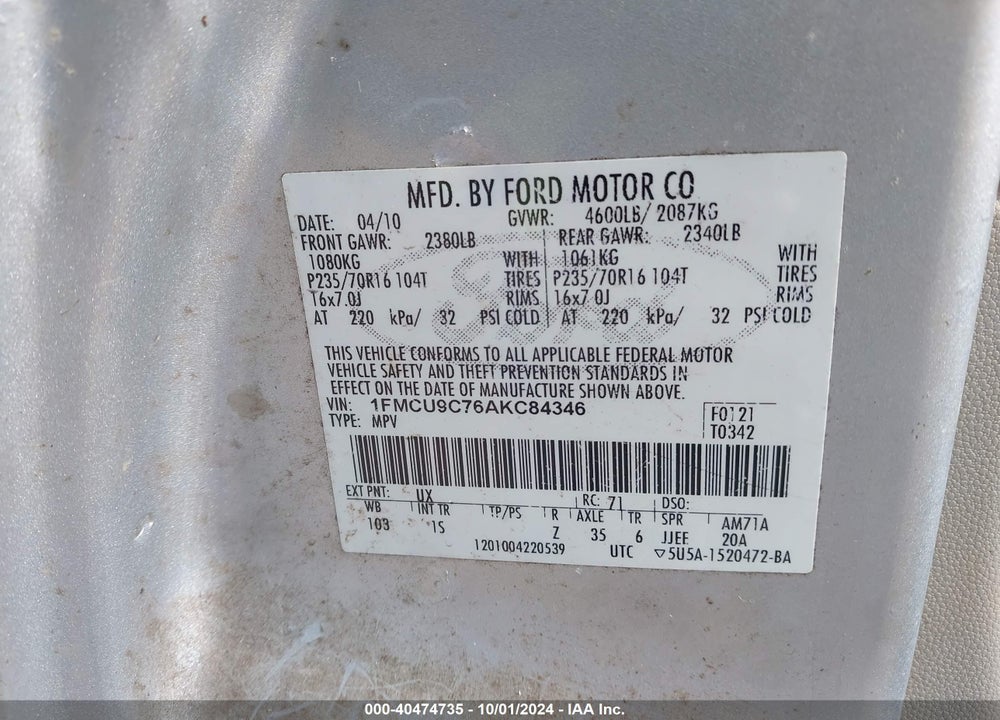 2010 FORD ESCAPE XLS VIN: 1FMCU9C76AKC84346