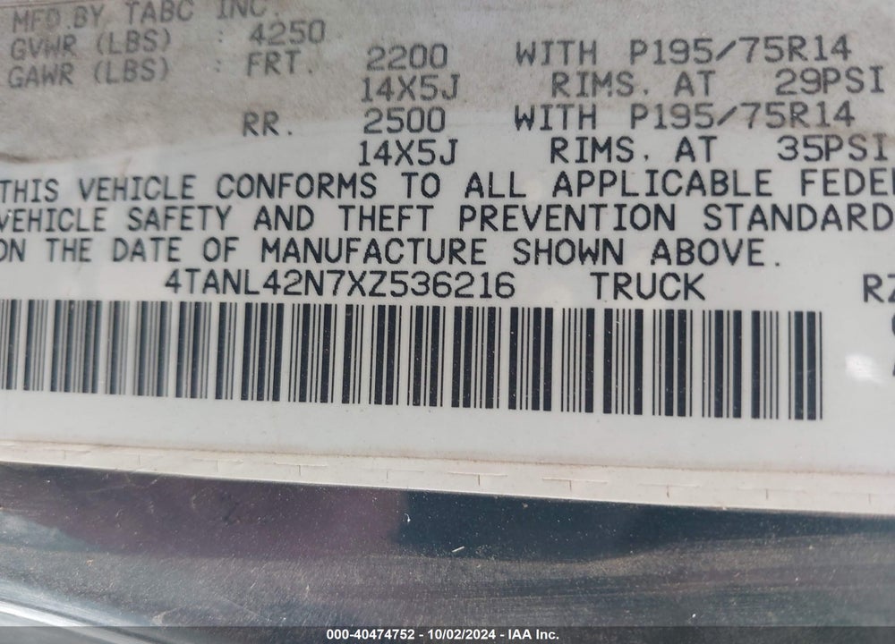 1999 TOYOTA TACOMA VIN: 4TANL42N7XZ536216