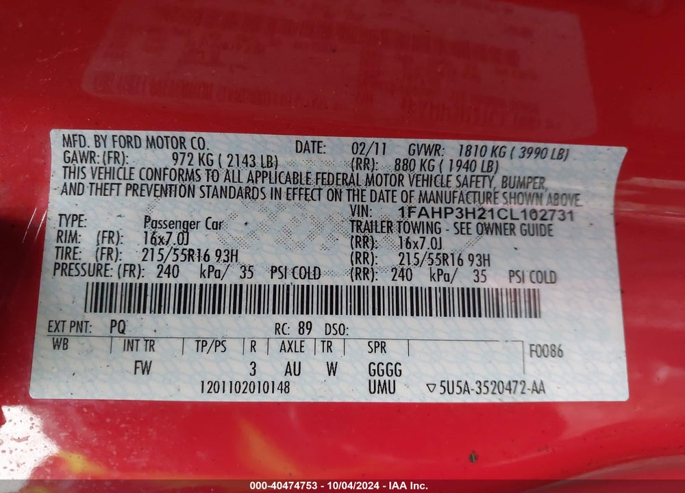 2012 FORD FOCUS SEL VIN: 1FAHP3H21CL102731