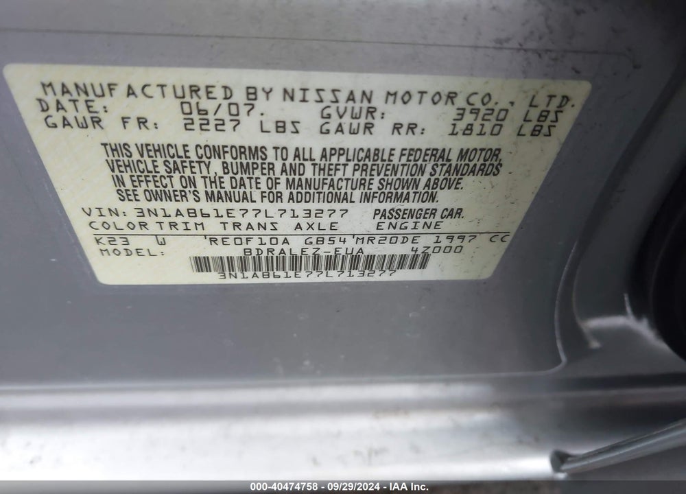 2007 NISSAN SENTRA 2.0S VIN: 3N1AB61E77L713277