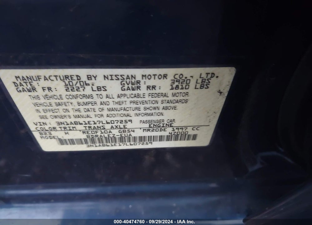 2007 NISSAN SENTRA 2.0S VIN: 3N1AB61E17L607259