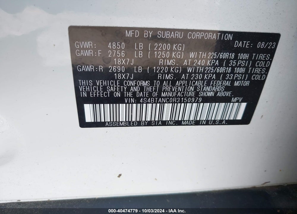 2024 SUBARU OUTBACK LIMITED VIN: 4S4BTANC0R3150979