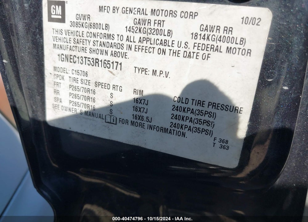 2003 CHEVROLET TAHOE LT VIN: 1GNEC13T53R165171