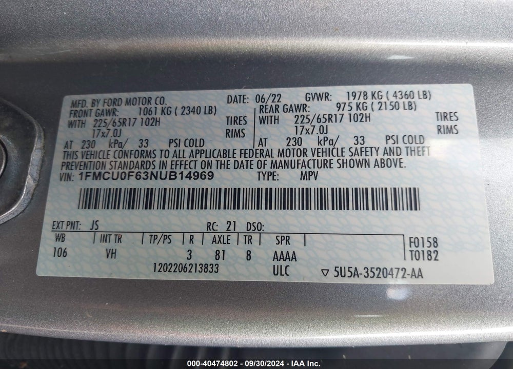 2022 FORD ESCAPE S VIN: 1FMCU0F63NUB14969