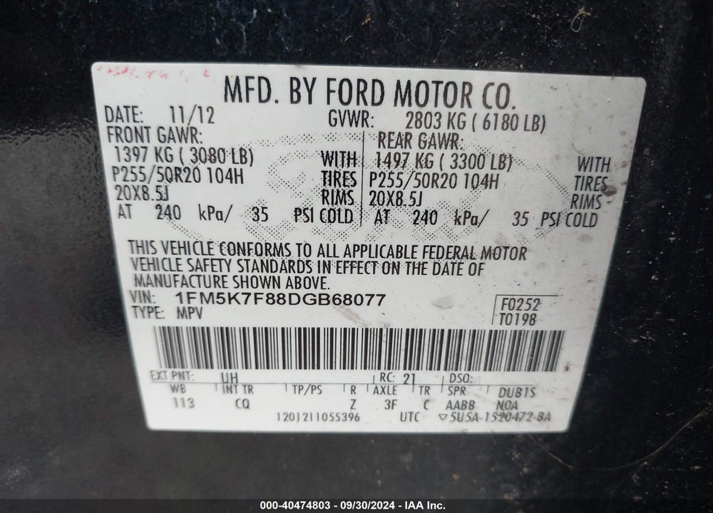2013 FORD EXPLORER LIMITED VIN: 1FM5K7F88DGB68077