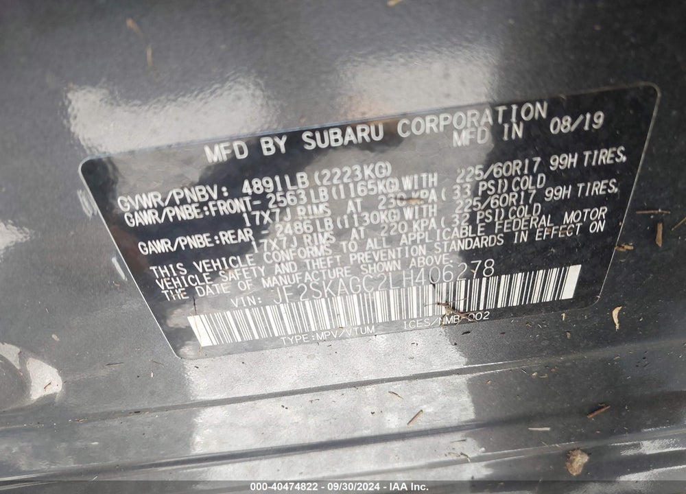 2020 SUBARU FORESTER PREMIUM VIN: JF2SKAGC2LH406278