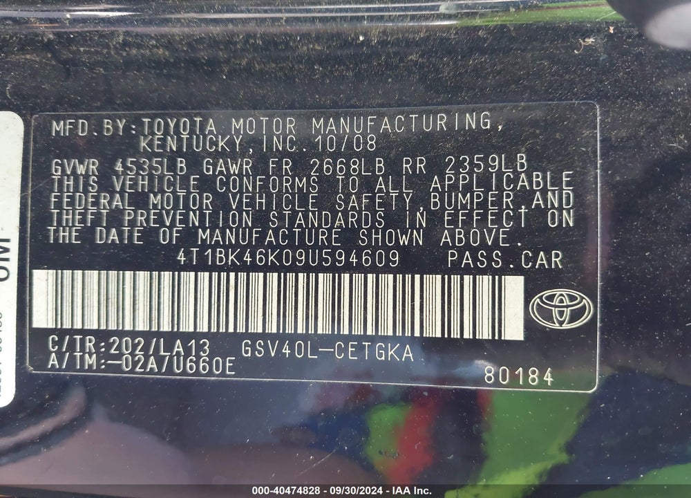 2009 TOYOTA CAMRY XLE VIN: 4T1BK46K09U594609