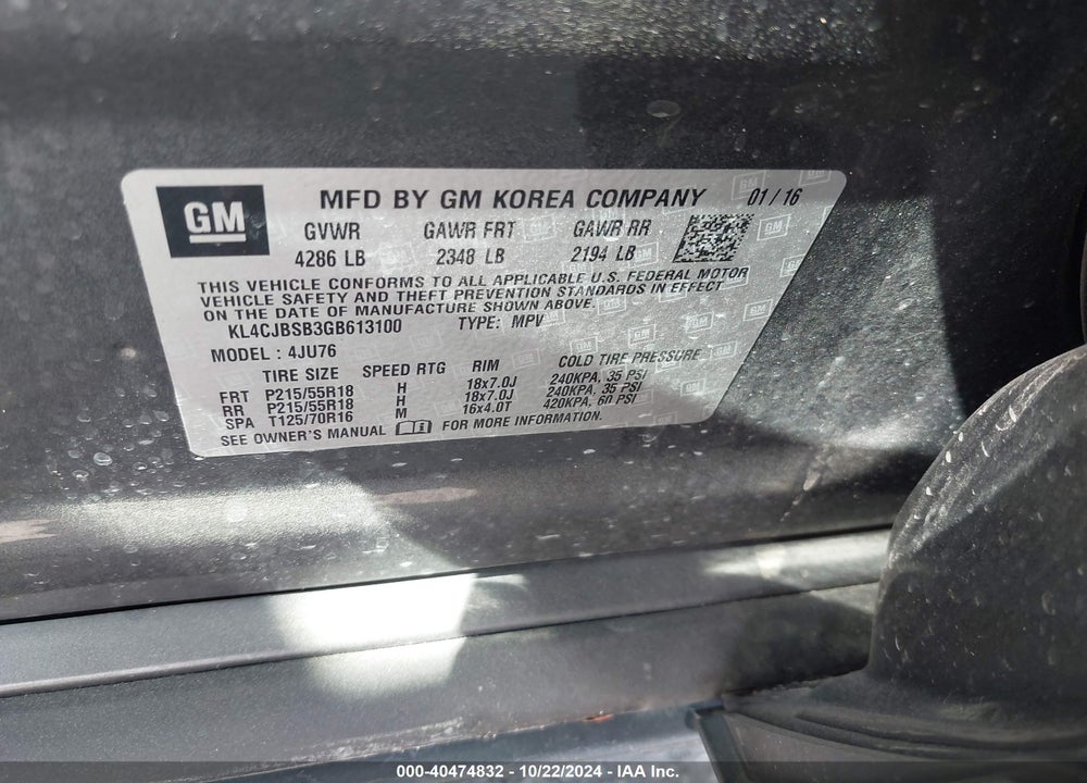 2016 ENCORE BUICK  CONVENIENCE VIN: KL4CJBSB3GB613100
