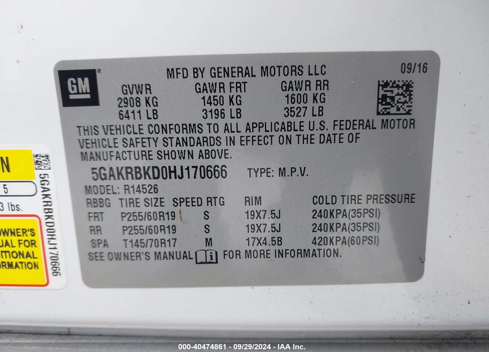 2017 BUICK ENCLAVE LEATHER VIN: 5GAKRBKD0HJ170666