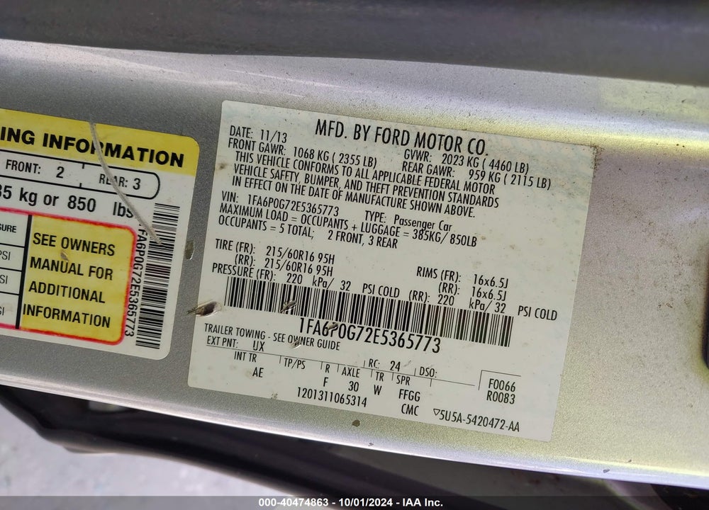 2014 FORD FUSION S VIN: 1FA6P0G72E5365773