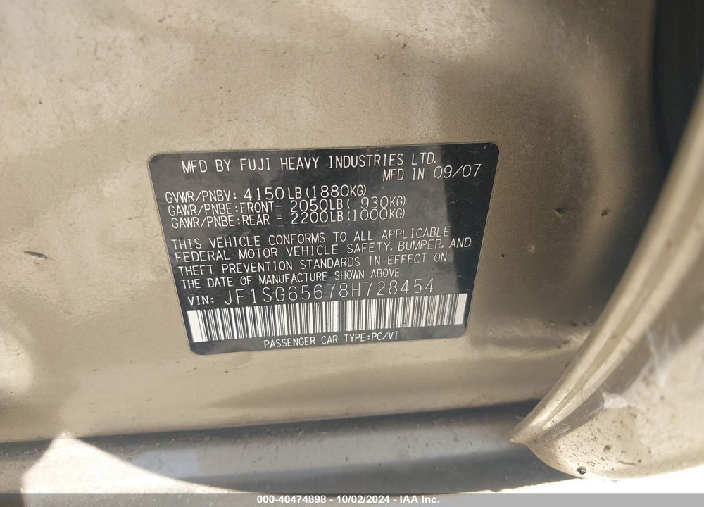2008 SUBARU FORESTER 2.5X VIN: JF1SG65678H728454