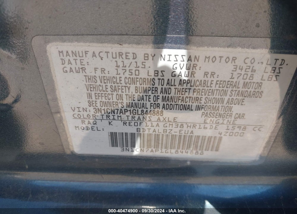 2016 NISSAN VERSA 1.6 SV VIN: 3N1CN7AP1GL844888
