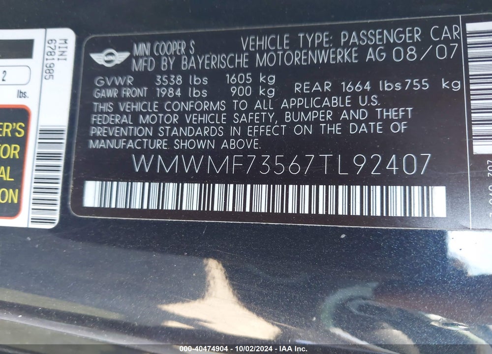 2007 MINI COOPER S VIN: WMWMF73567TL92407