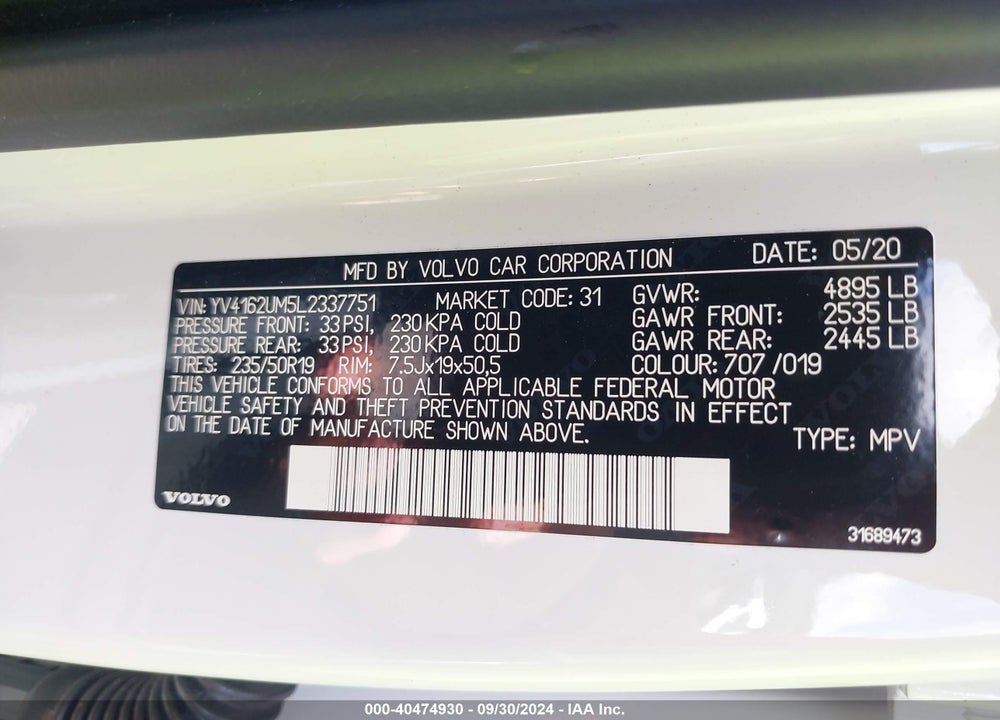 2020 VOLVO XC40 T5 R-DESIGN VIN: YV4162UM5L2337751