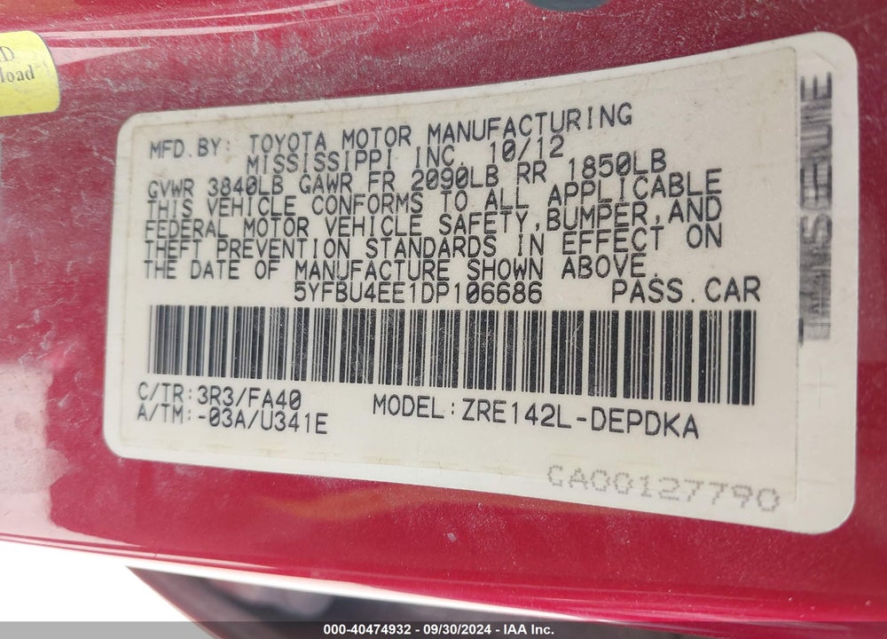 2013 TOYOTA COROLLA L VIN: 5YFBU4EE1DP106686