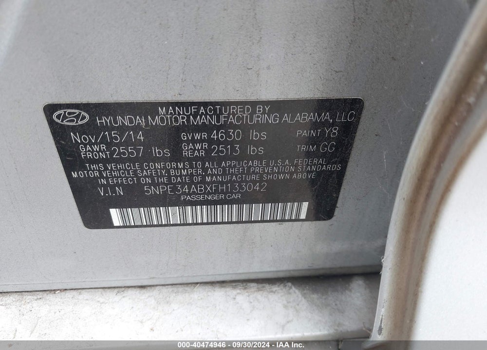 2015 HYUNDAI SONATA LIMITED 2.0T VIN: 5NPE34ABXFH133042