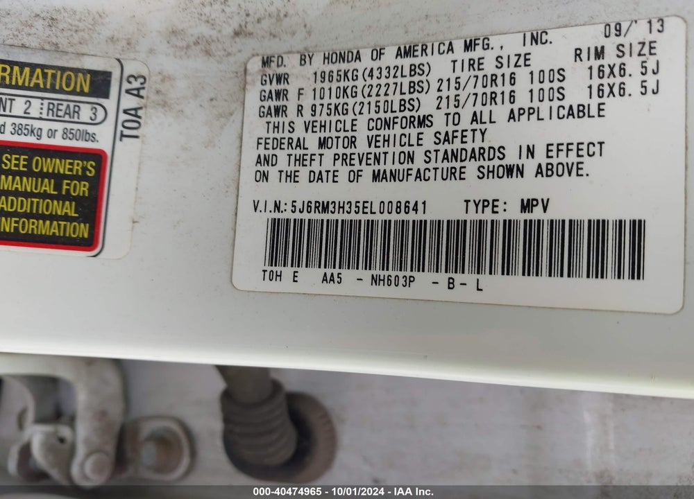 2014 HONDA CR-V LX VIN: 5J6RM3H35EL008641