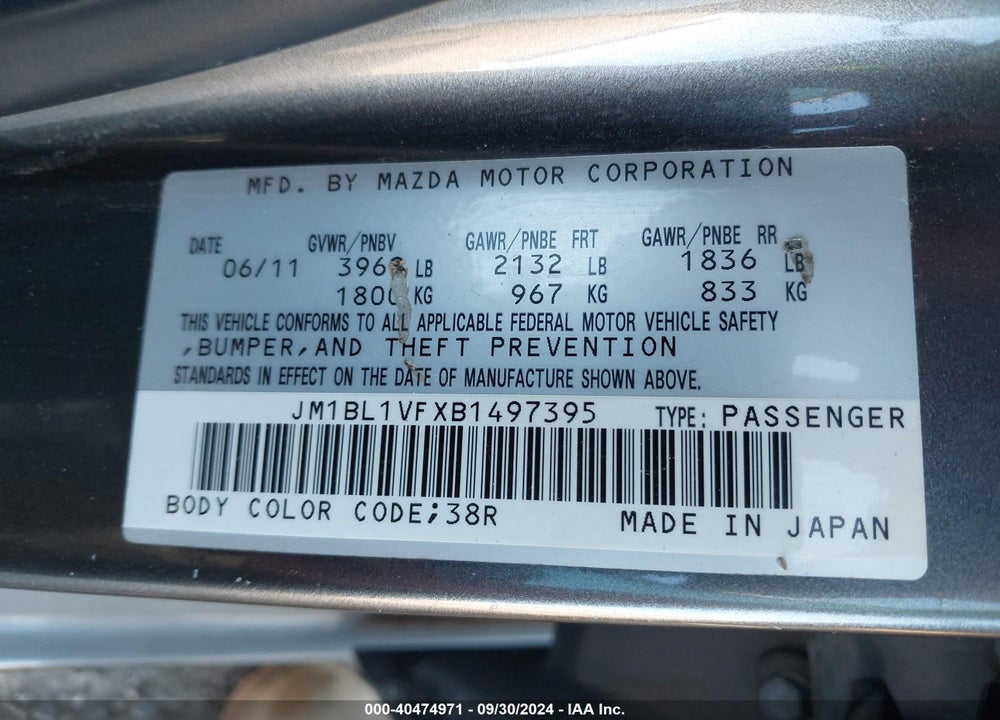 2011 MAZDA 3 I TOURING VIN: JM1BL1VFXB1497395