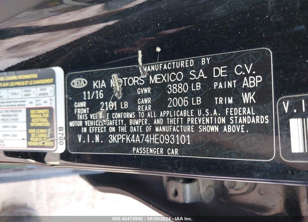 2017 KIA FORTE LX VIN: 3KPFK4A74HE093101