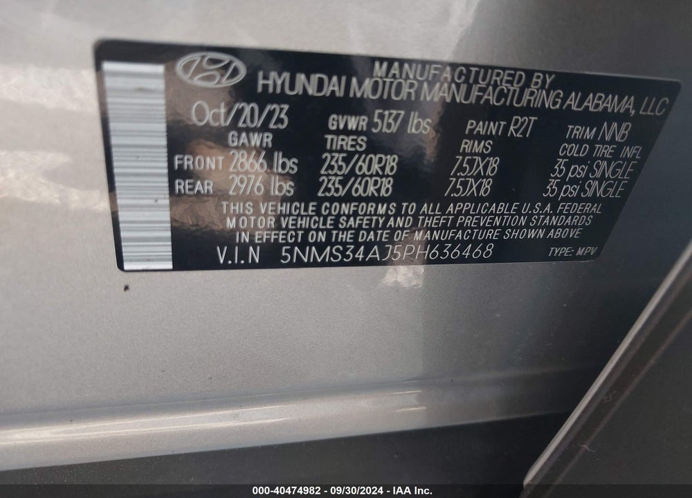 2023 HYUNDAI SANTA FE VIN: 5NMS34AJ5PH636468