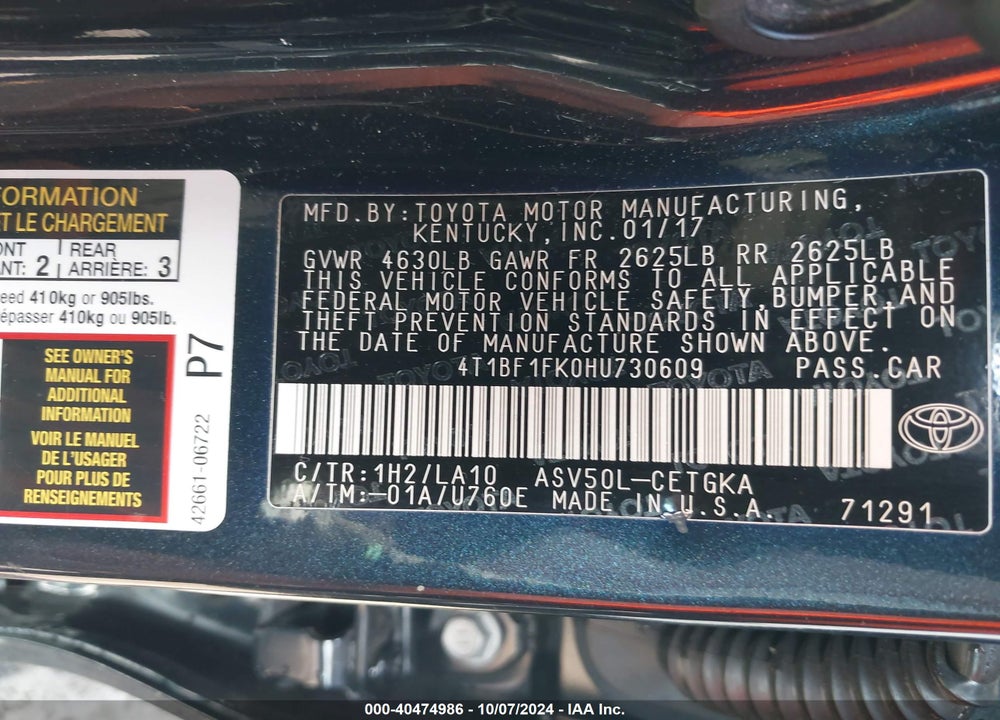 2017 TOYOTA CAMRY XLE VIN: 4T1BF1FK0HU730609