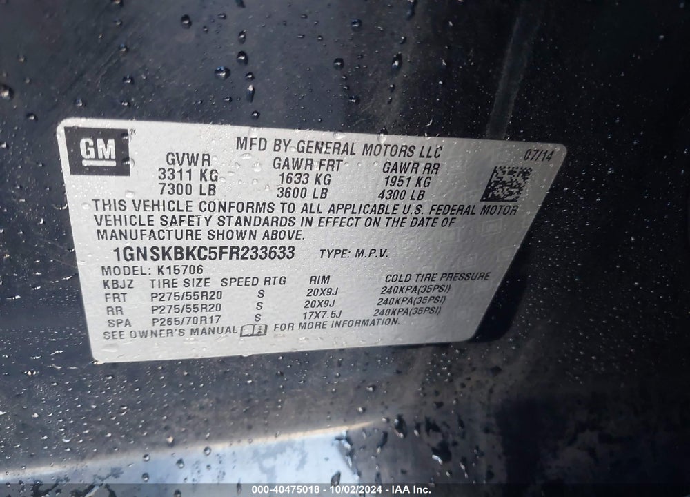 2015 CHEVROLET TAHOE LT VIN: 1GNSKBKC5FR233633