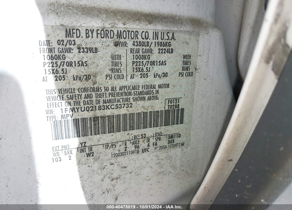 2003 FORD ESCAPE XLS VIN: 1FMYU02183KC53732