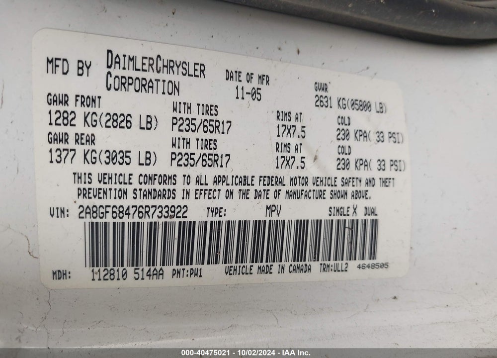 2006 CHRYSLER PACIFICA TOURING VIN: 2A8GF68476R733922
