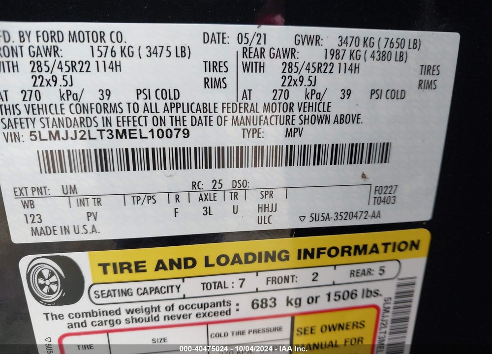 2021 LINCOLN NAVIGATOR RESERVE VIN: 5LMJJ2LT3MEL10079