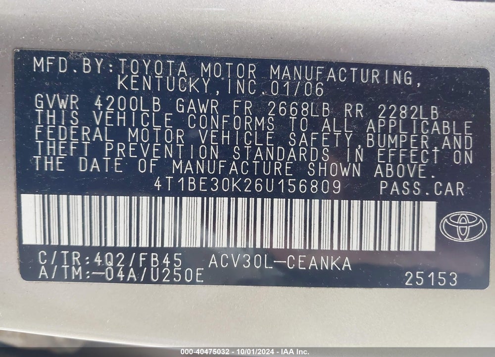 2006 TOYOTA CAMRY LE VIN: 4T1BE30K26U156809