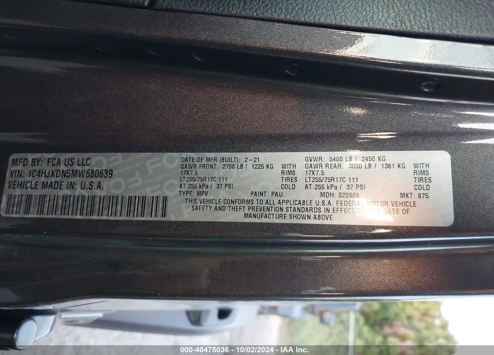 2021 ANGLER JEEP WR UNLIMITED WILLYS 4X4 VIN: 1C4HJXDN5MW680639