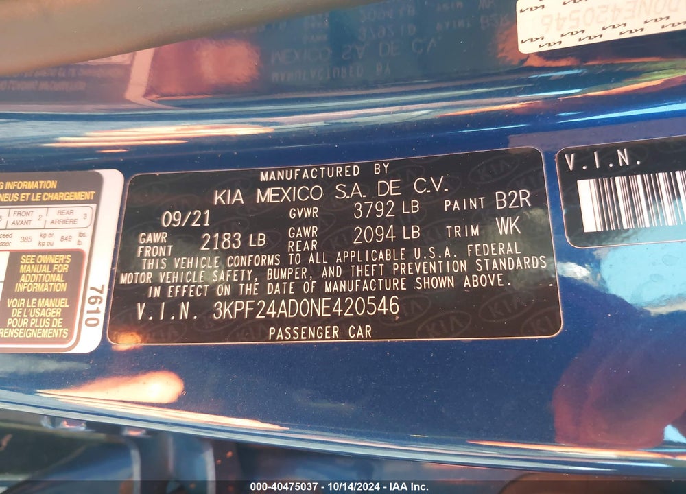 2022 KIA FORTE LXS VIN: 3KPF24AD0NE420546