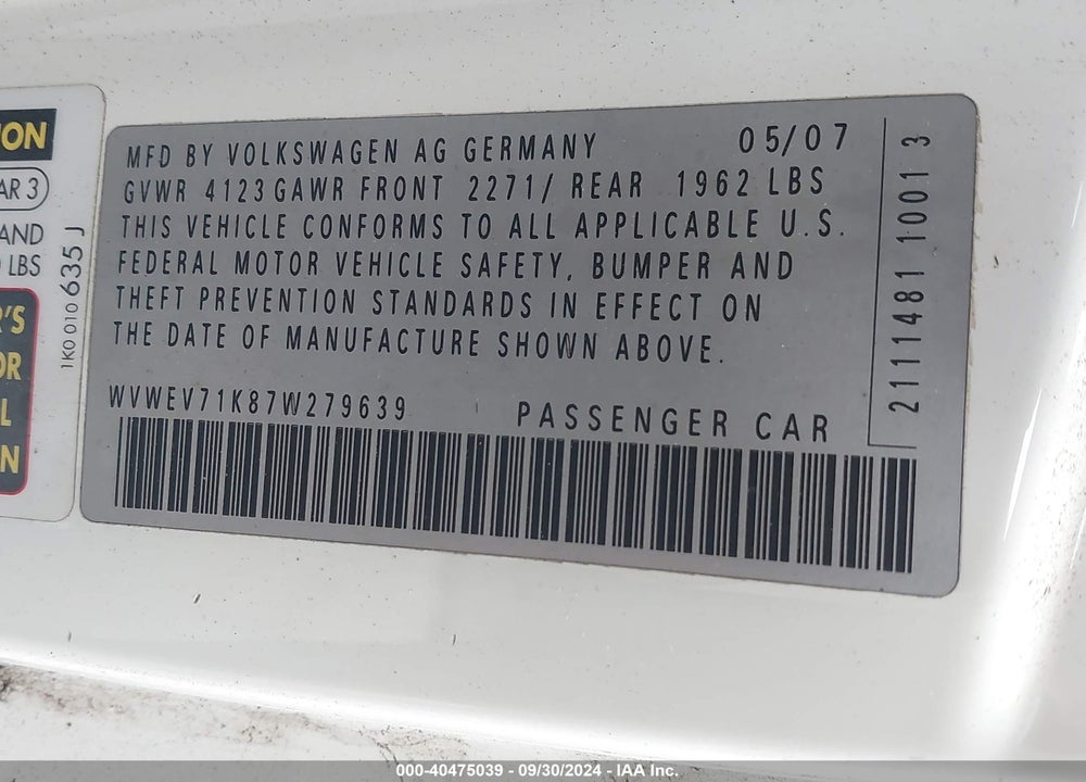 2007 VOLKSWAGEN GTI 2-DOOR VIN: WVWEV71K87W279639