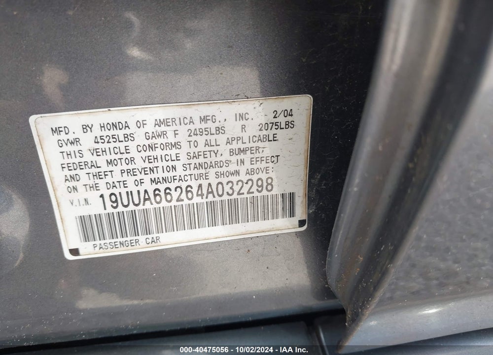 2004 ACURA TL BASE W/NAV SYSTEM (A5) VIN: 19UUA66264A032298
