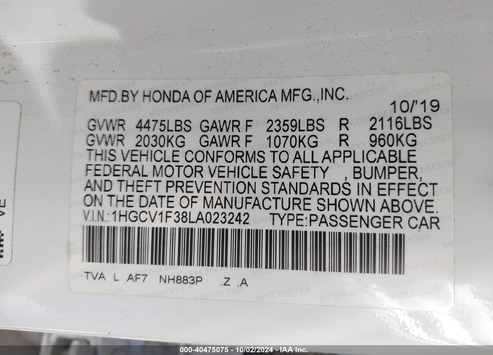 2020 HONDA ACCORD SPORT VIN: 1HGCV1F38LA023242