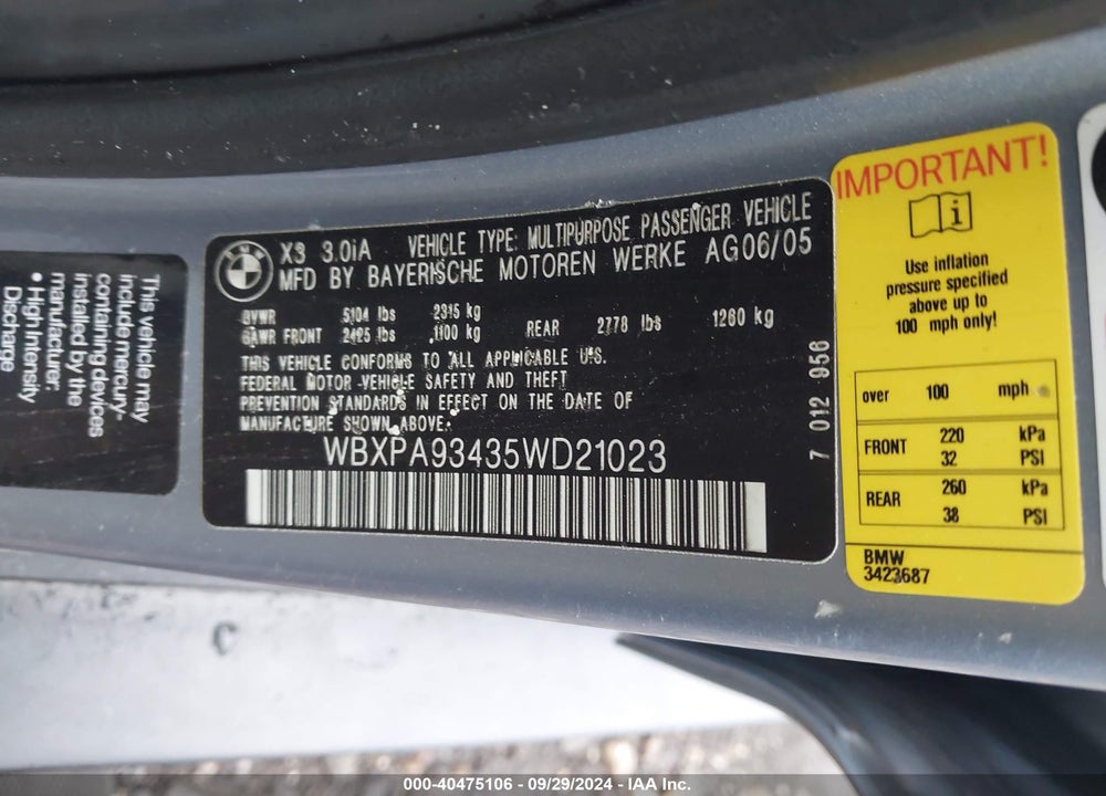 2005 BMW X3 3.0I VIN: WBXPA93435WD21023