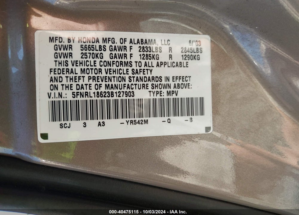 2003 HONDA ODYSSEY EX VIN: 5FNRL18623B127903