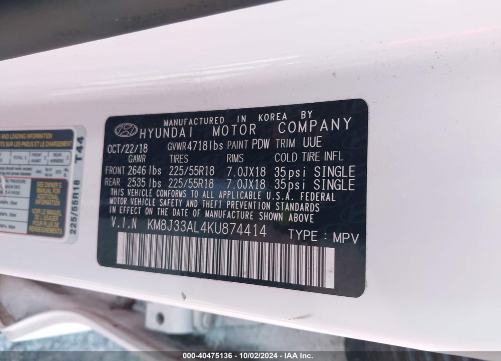 2019 HYUNDAI TUCSON SEL VIN: KM8J33AL4KU874414