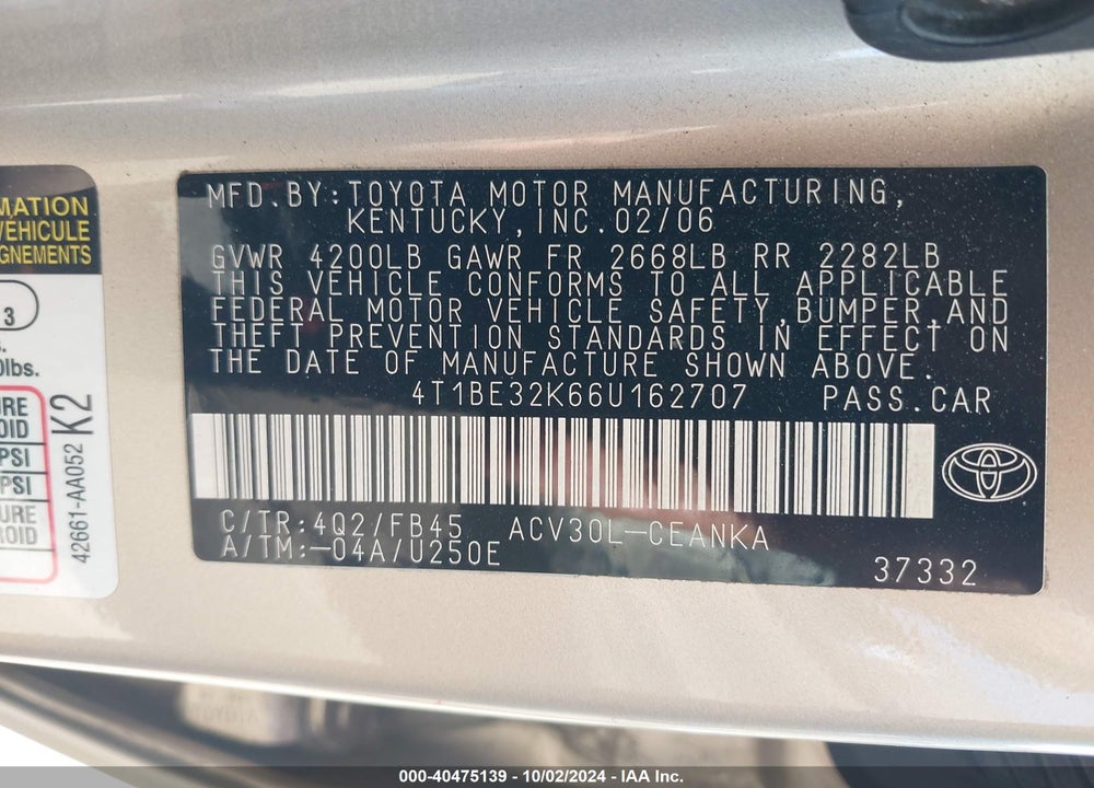 2006 TOYOTA CAMRY VIN: 4T1BE32K66U162707