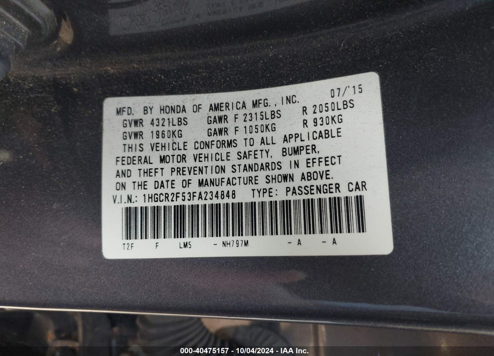 2015 HONDA ACCORD SPORT VIN: 1HGCR2F53FA234848