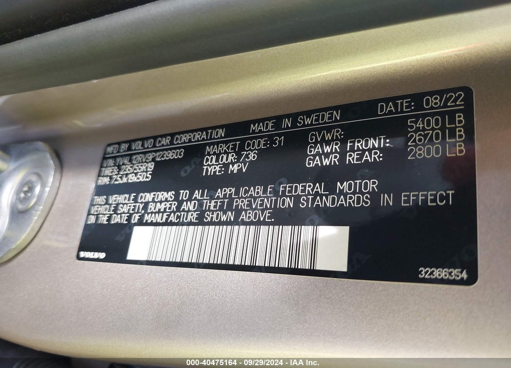 2023 VOLVO XC60 B5 CORE VIN: YV4L12RV9P1239603