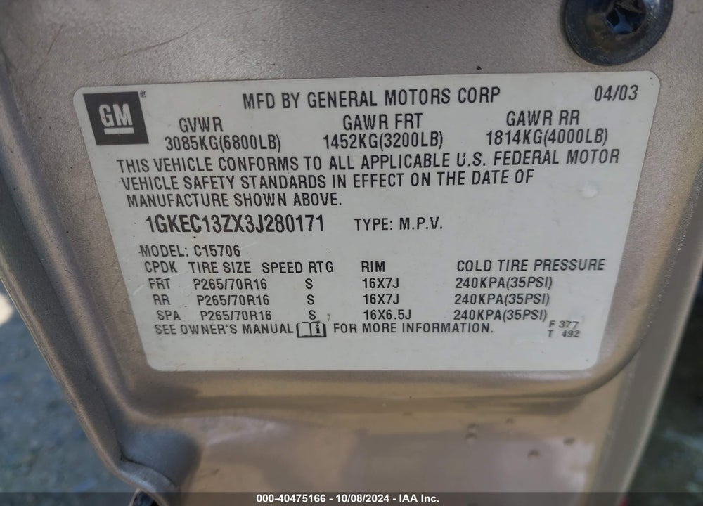 2003 GMC YUKON SLT VIN: 1GKEC13ZX3J280171