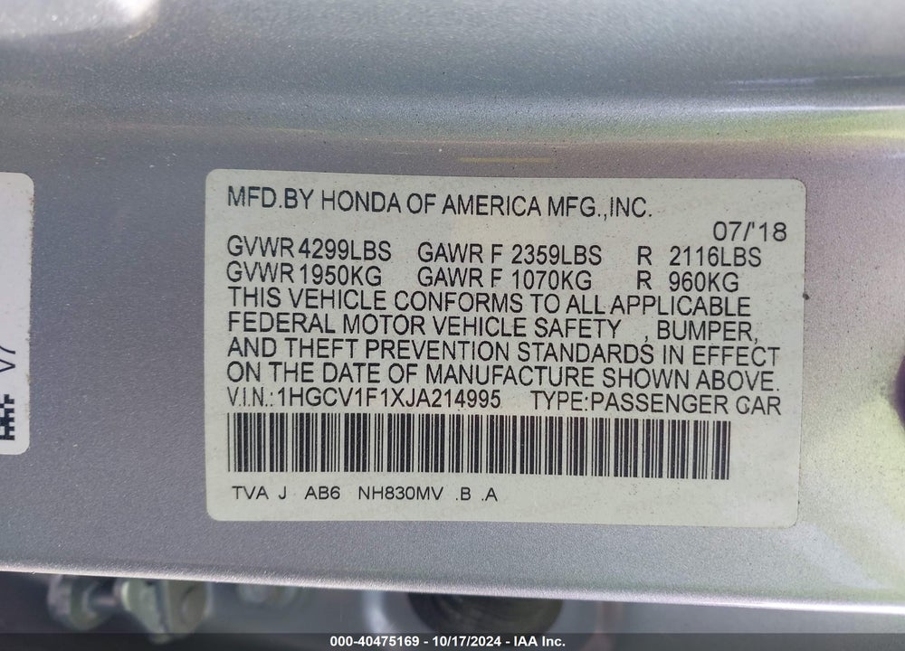 2018 HONDA ACCORD LX VIN: 1HGCV1F1XJA214995