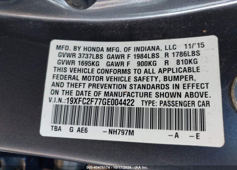 2016 HONDA CIVIC EX VIN: 19XFC2F77GE004422