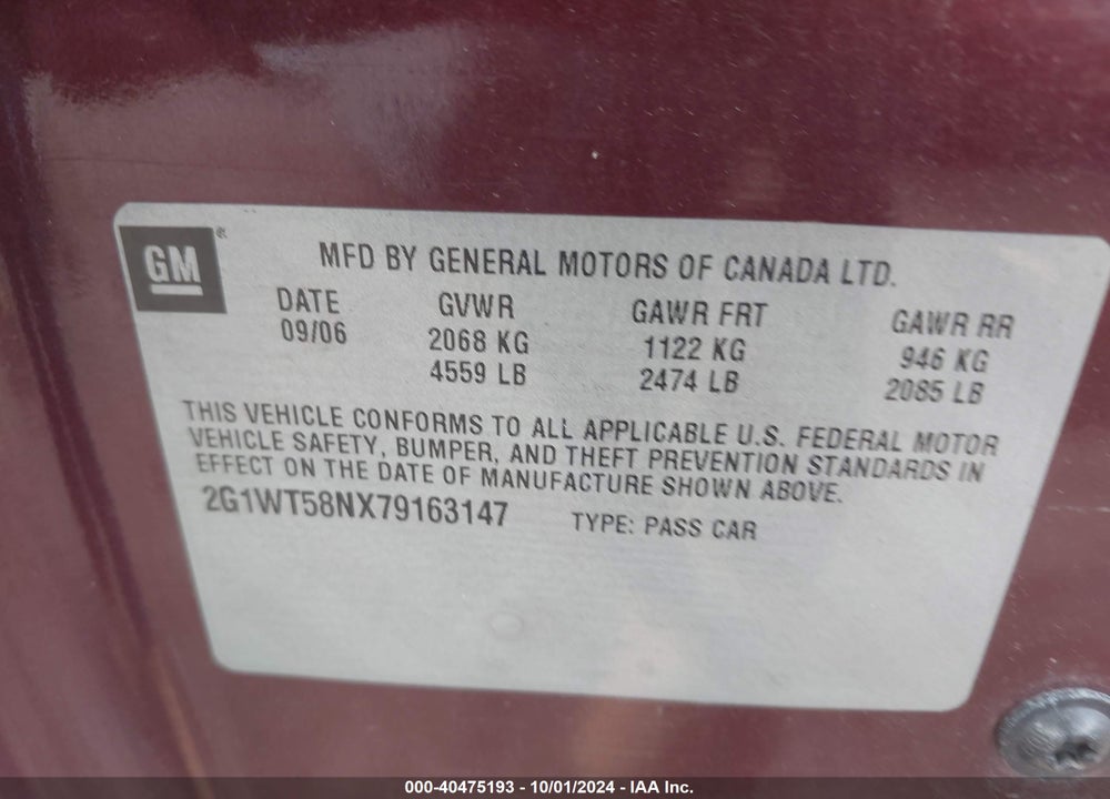 2007 CHEVROLET IMPALA LT VIN: 2G1WT58NX79163147