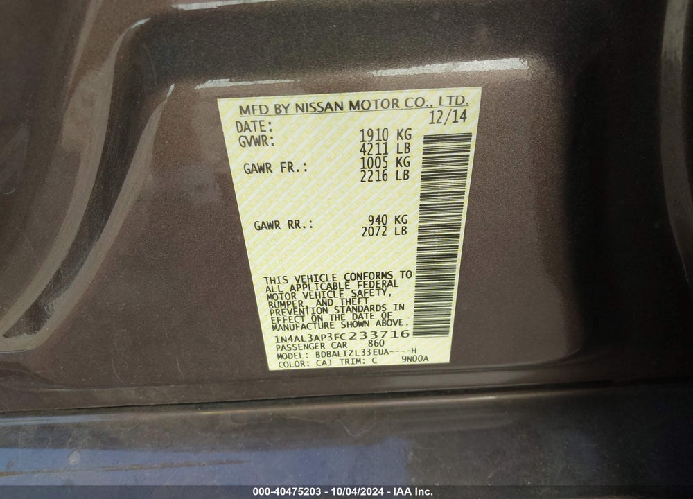 2015 NISSAN ALTIMA 2.5/S/SV/SL VIN: 1N4AL3AP3FC233716