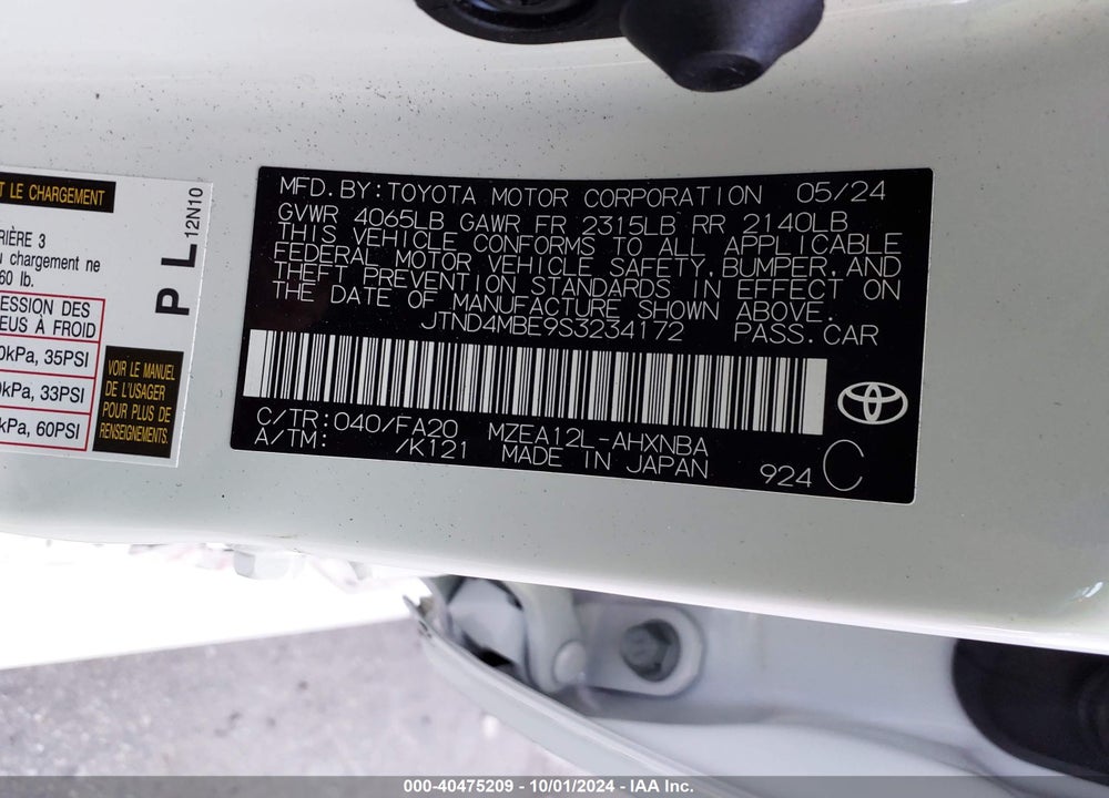 2025 TOYOTA COROLLA SE VIN: JTND4MBE9S3234172