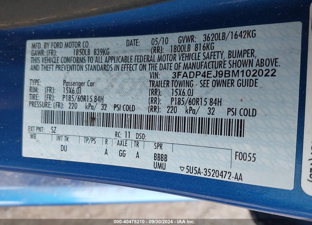 2011 FORD FIESTA SE VIN: 3FADP4EJ9BM102022