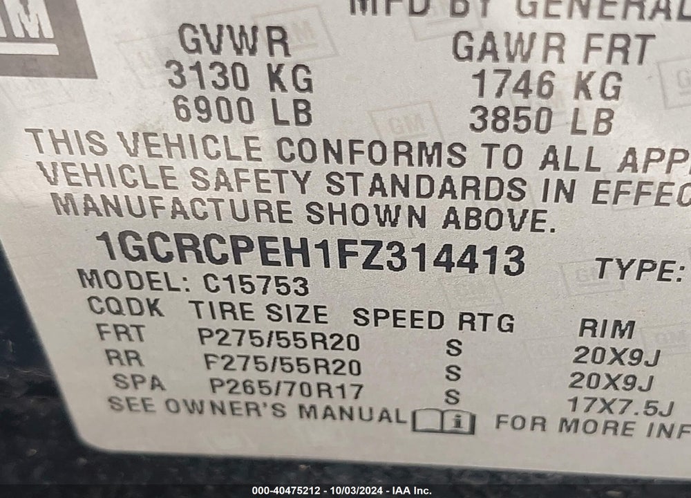 2015 CHEVROLET SILVERADO 1500 WT VIN: 1GCRCPEH1FZ314413